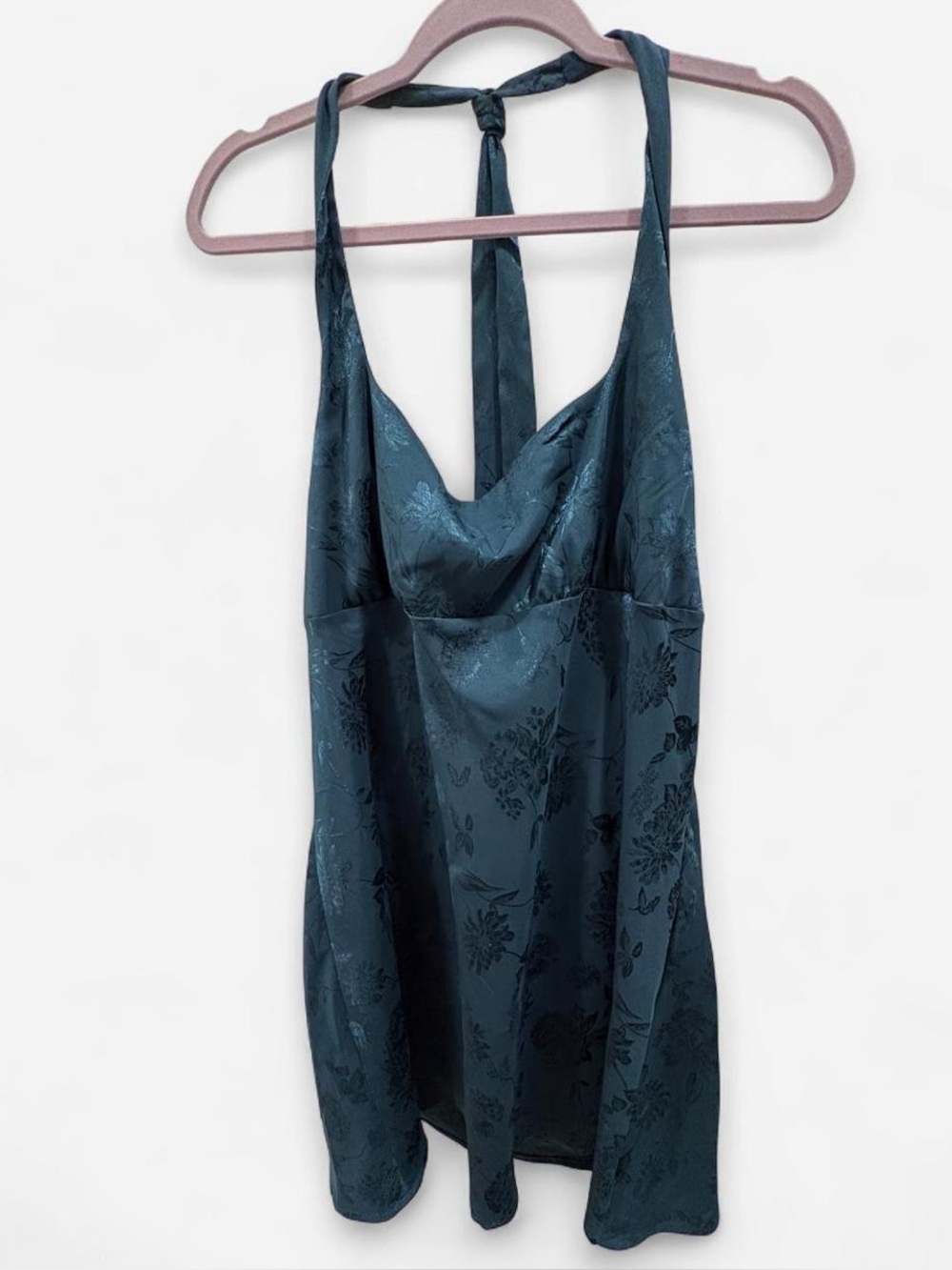 Jacquard Halter Mini Floral Dark Teal Dress